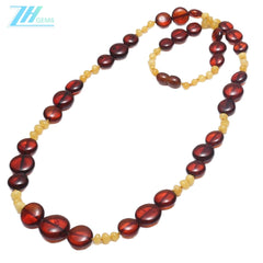 Amber With Red Plated Sterling Silver Burgundy Free-shape Brown Necklace Modern Amber Jewellery Set Gift For Women Necklace
