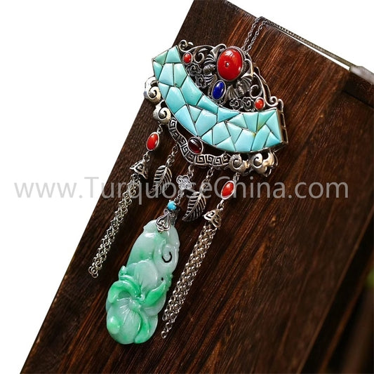 Jade budda and natural Turquoise pendant gemstone jewelry