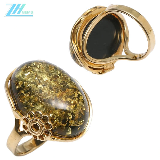 Large Leather Ring With Natural Honey Amber Raw Baltic Green Birthstone Healing Amber Oval Gemstone Protection