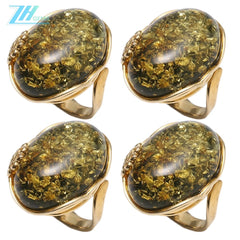 Large Leather Ring With Natural Honey Amber Raw Baltic Green Birthstone Healing Amber Oval Gemstone Protection