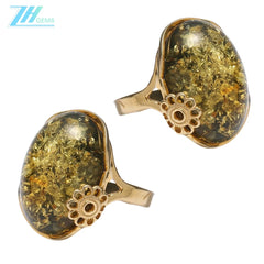 Large Leather Ring With Natural Honey Amber Raw Baltic Green Birthstone Healing Amber Oval Gemstone Protection