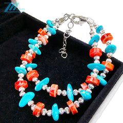 Natural Red Spiny Oyster And Sterling Treatment Turquoise Meet On The Double Layer Bracelet Interweaving A Mysterious