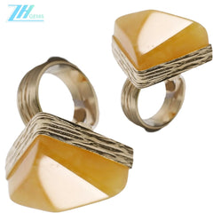 Baltic Lithuanian Amber Ring Lemon And White Marbled Adjustable Size 925 Sterling Silver Triangle Shape