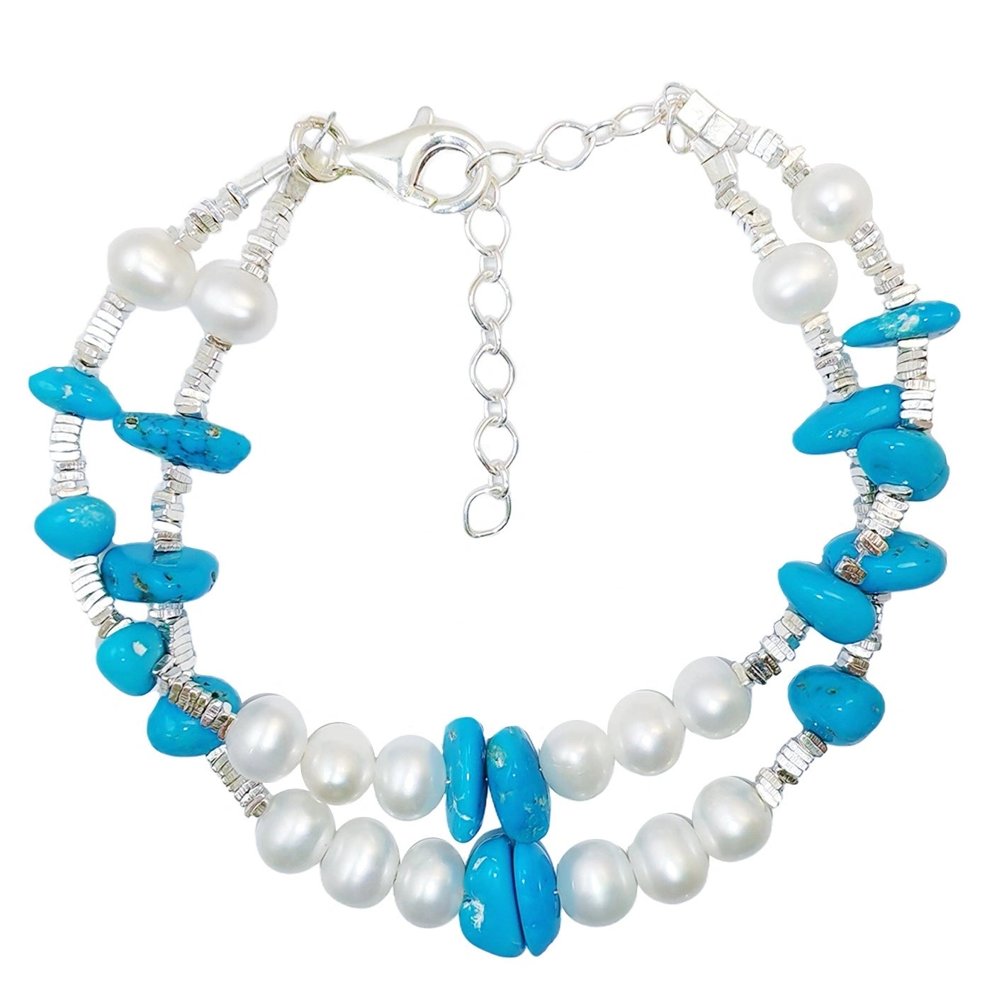 Winter Holiday Gift Double Layer Pearl With Natural Sterling Treatment Turquoise Shape Bracelet S925 Silver
