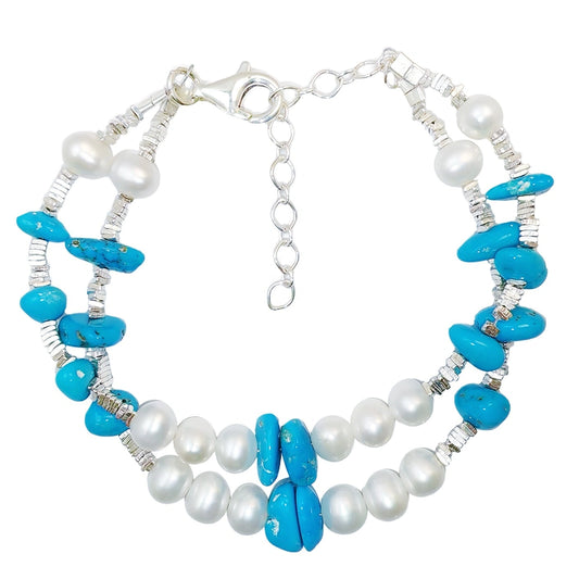 Winter Holiday Gift Double Layer Pearl With Natural Sterling Treatment Turquoise Shape Bracelet S925 Silver