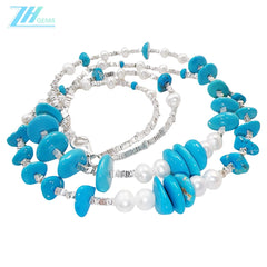 Popular Jewelry Double Layer Natural Turquoise Women's Necklace Natural Pearl & Turquoise Beautiful Jewelry