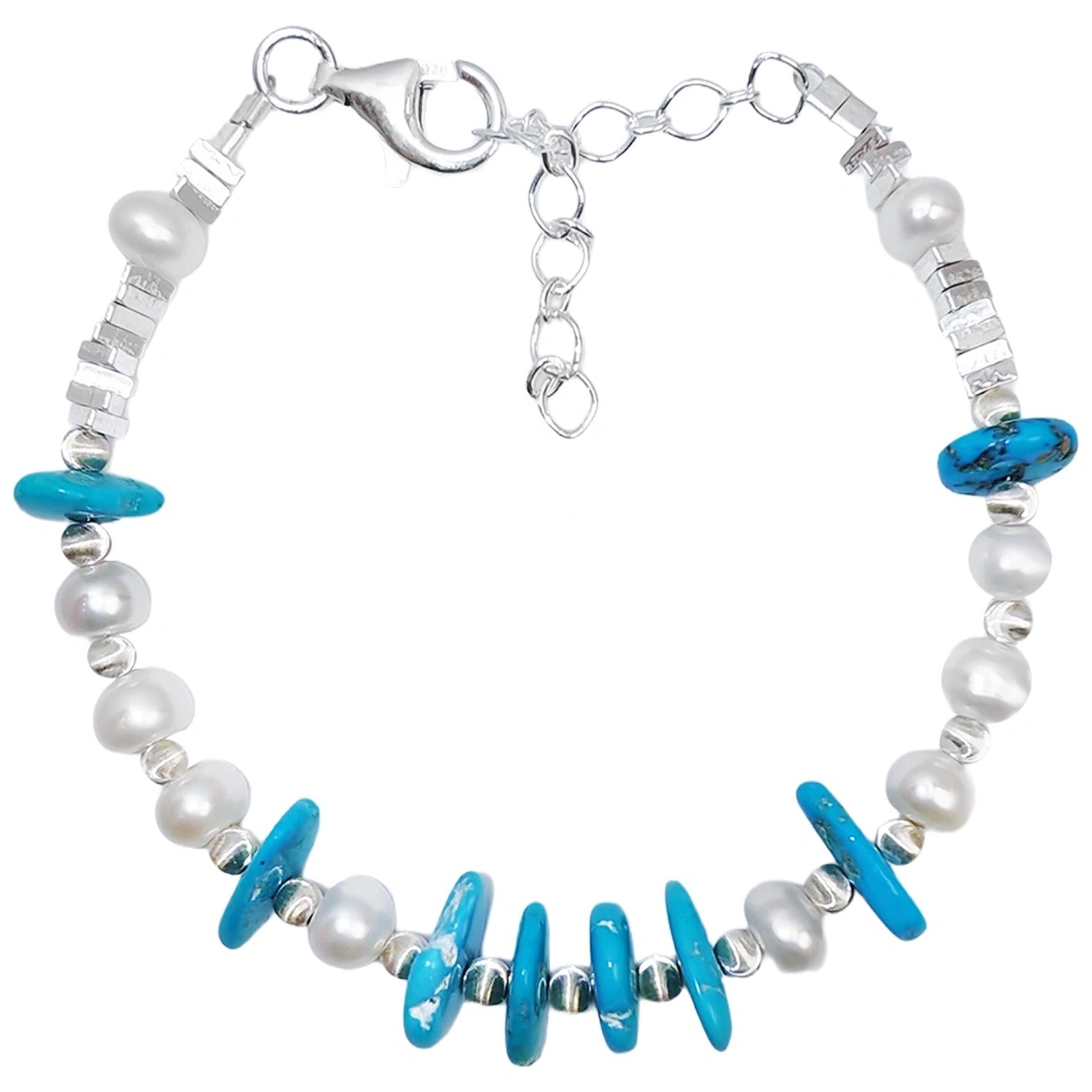 S925 Silver & Natural Turquoise With Pearls High Quality Understated Luxury Niche Style Multi Stone Beaded Bracelet Hot Sellers