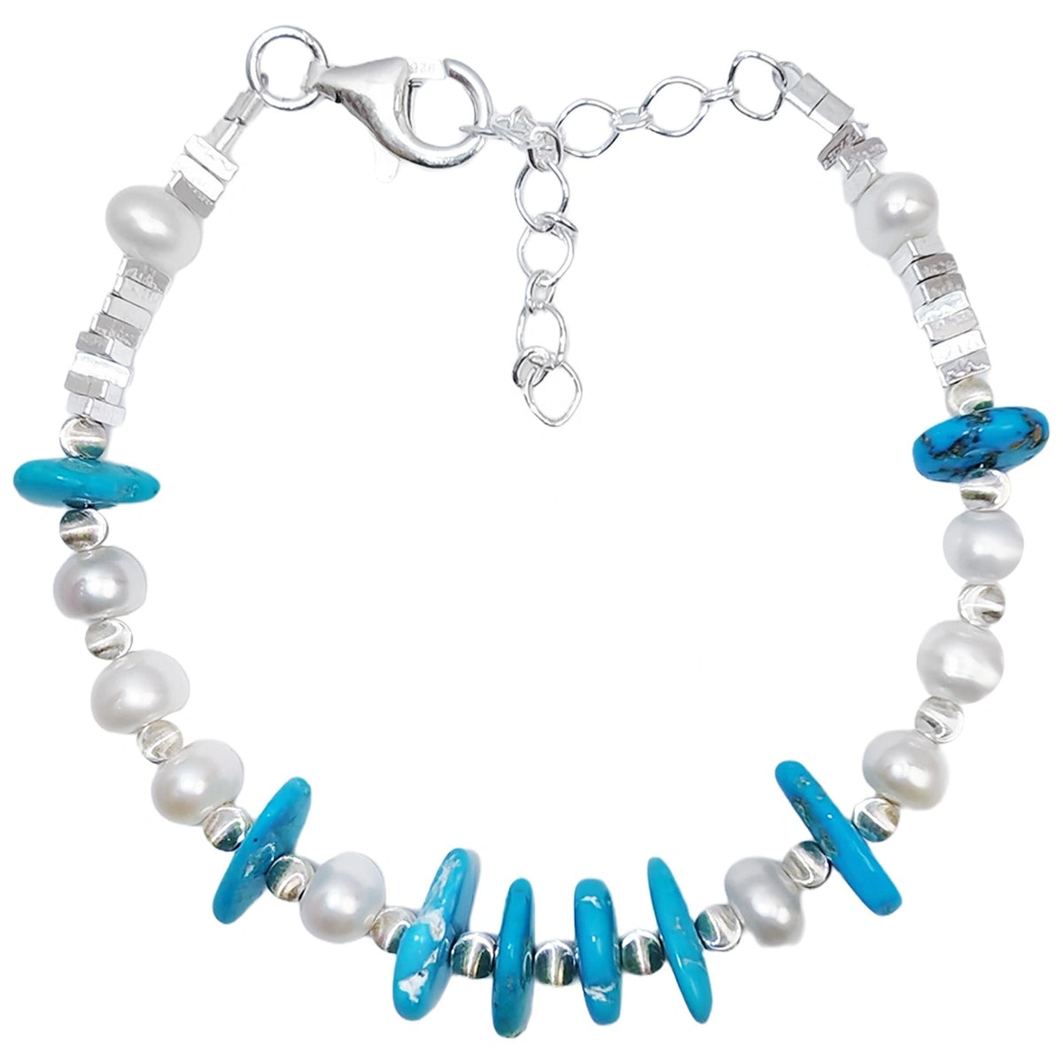 S925 Silver & Natural Turquoise With Pearls High Quality Understated Luxury Niche Style Multi Stone Beaded Bracelet Hot Sellers