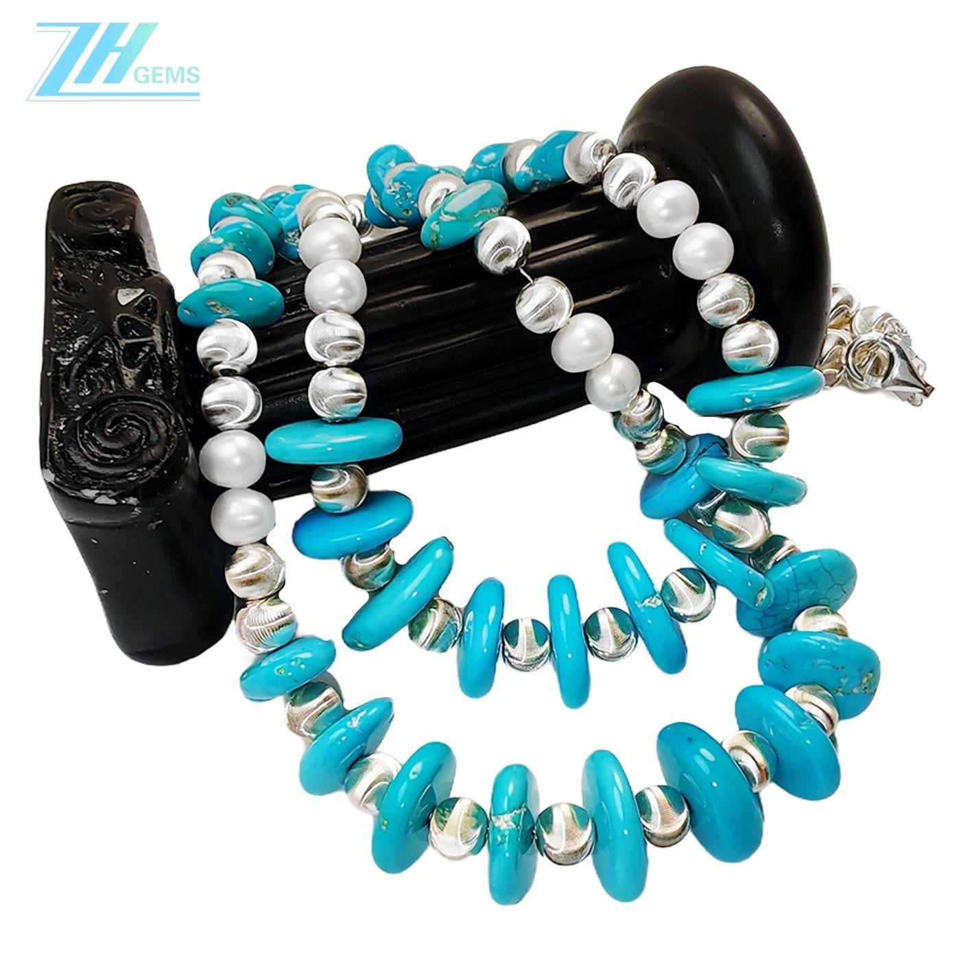 Natural Double Turquoise Necklace Delicate Natural Pearls & Turquoise Beautiful Silver Jewelry Winter Gifts