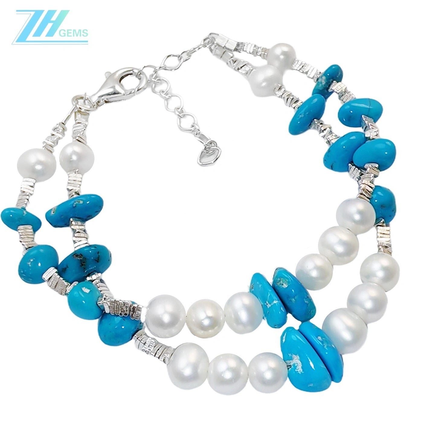 Winter Holiday Gift Double Layer Pearl With Natural Sterling Treatment Turquoise Shape Bracelet S925 Silver