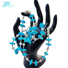 Double Natural Pearl and Turquoise Premium Women's necklace with delicate S925 silver and natural gemstones beauty jewelry necklace
