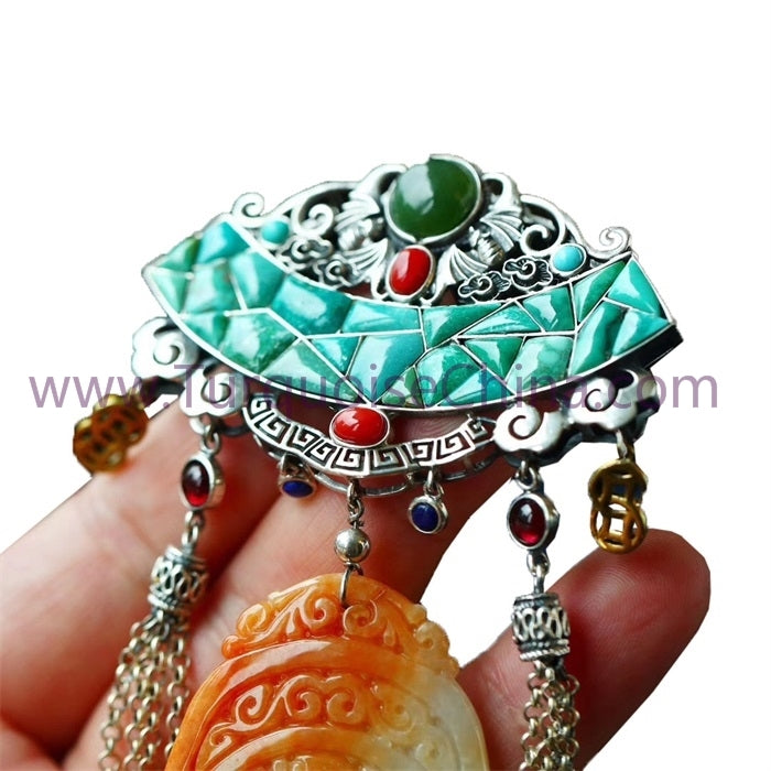 HuangLong Jade Carved Dragon and Cloud Antique Tibet Ornament With Turquoise Pendant