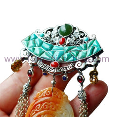 HuangLong Jade Carved Dragon and Cloud Antique Tibet Ornament With Turquoise Pendant