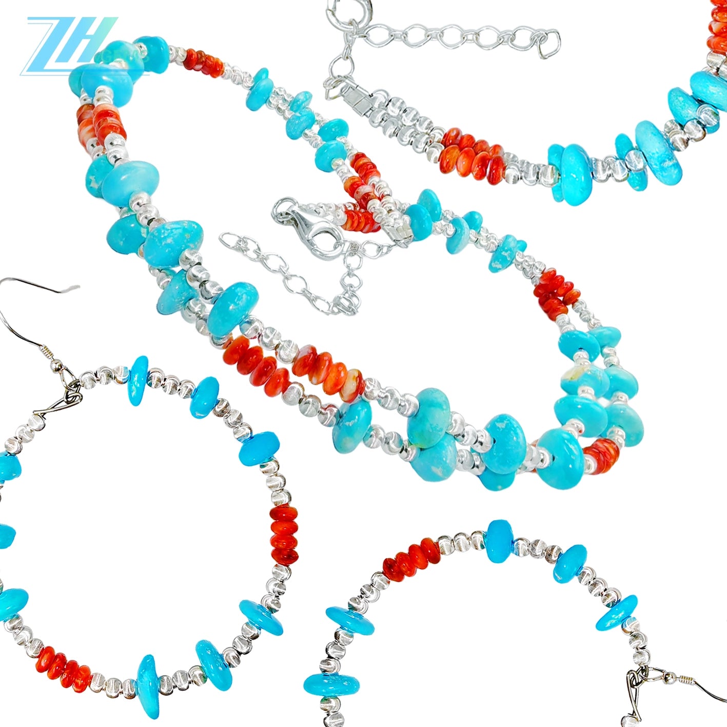 Turquoise Jewelry Set With Delicate Red Spiny Oyster Conformal Turquoise Combo Set Bracelet Necklace