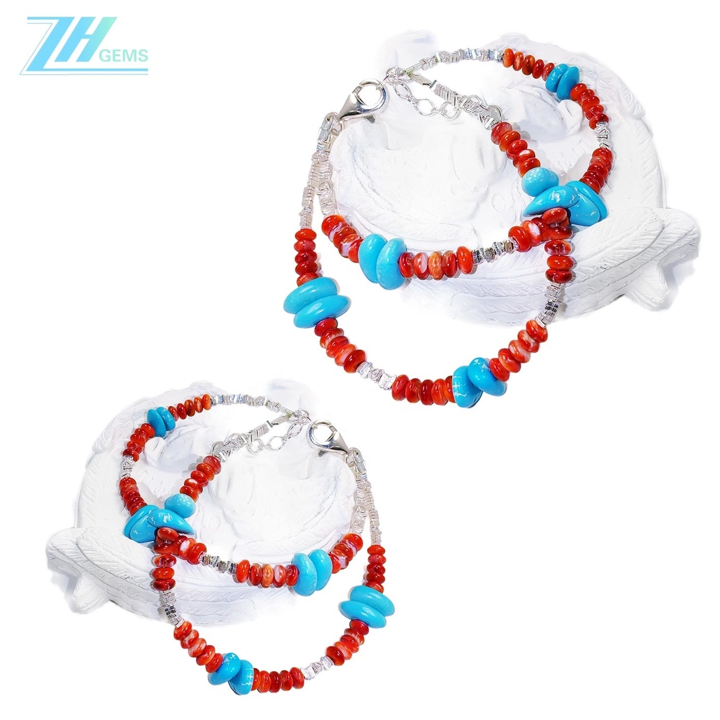 Beautiful Natural Winter Turquoise Women's Bracelet Natural Rare Red Spiny Oyster & Turquoise Beautiful Silver