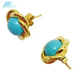 18k Gold Natural Electrolytic Turquoise Round Earrings Sleeping Beauty Mine Exquisite Jewelry Female Earrings As Gift Summer