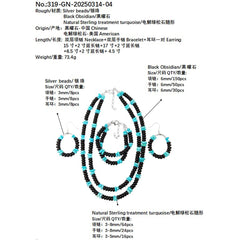 Obsidian S925 Silver Sterling Treatment Turquoise Create Set Double Design Unifies Style Comprehensively Fashionable Mysterious