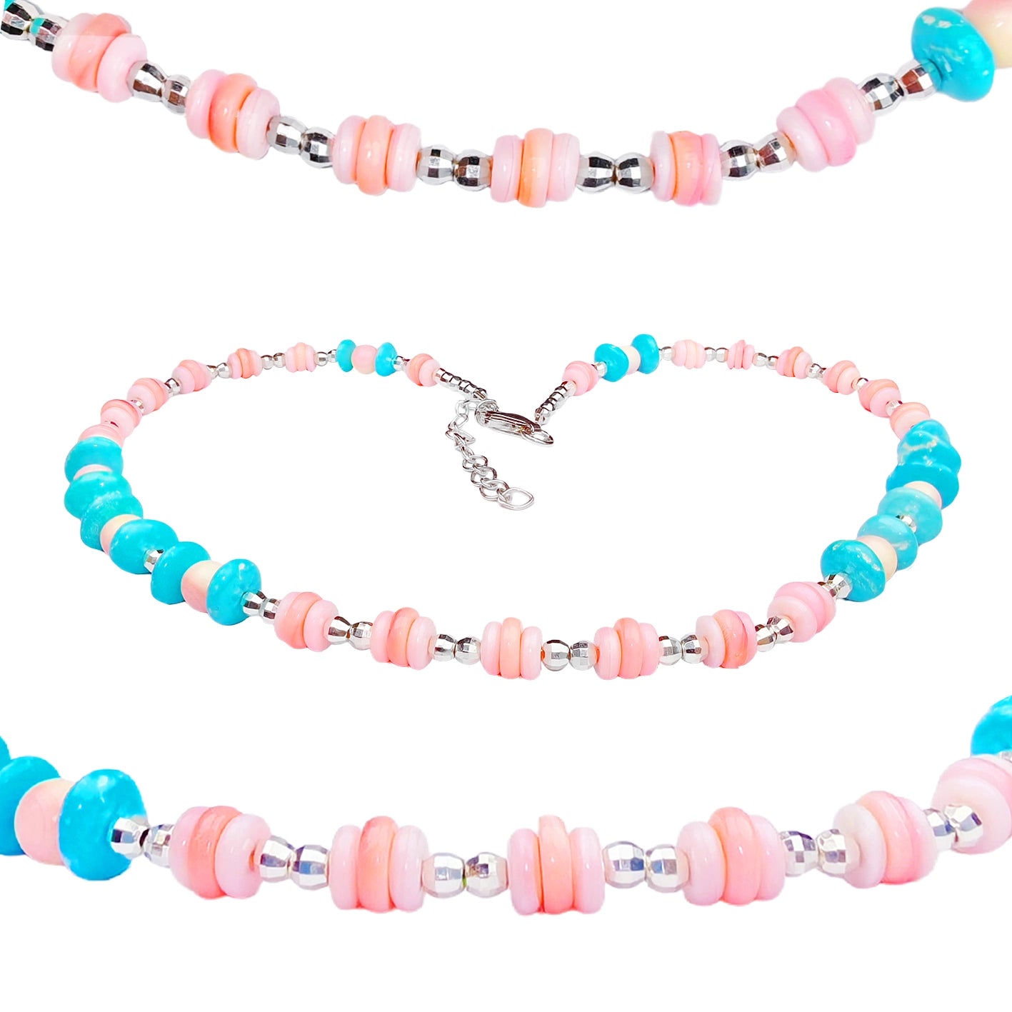 Pink Blue Classic Color Matchway Pink Opal And Natural Turquoise Necklace Jewelry Gift Girlfriend Daughter Most Preferred