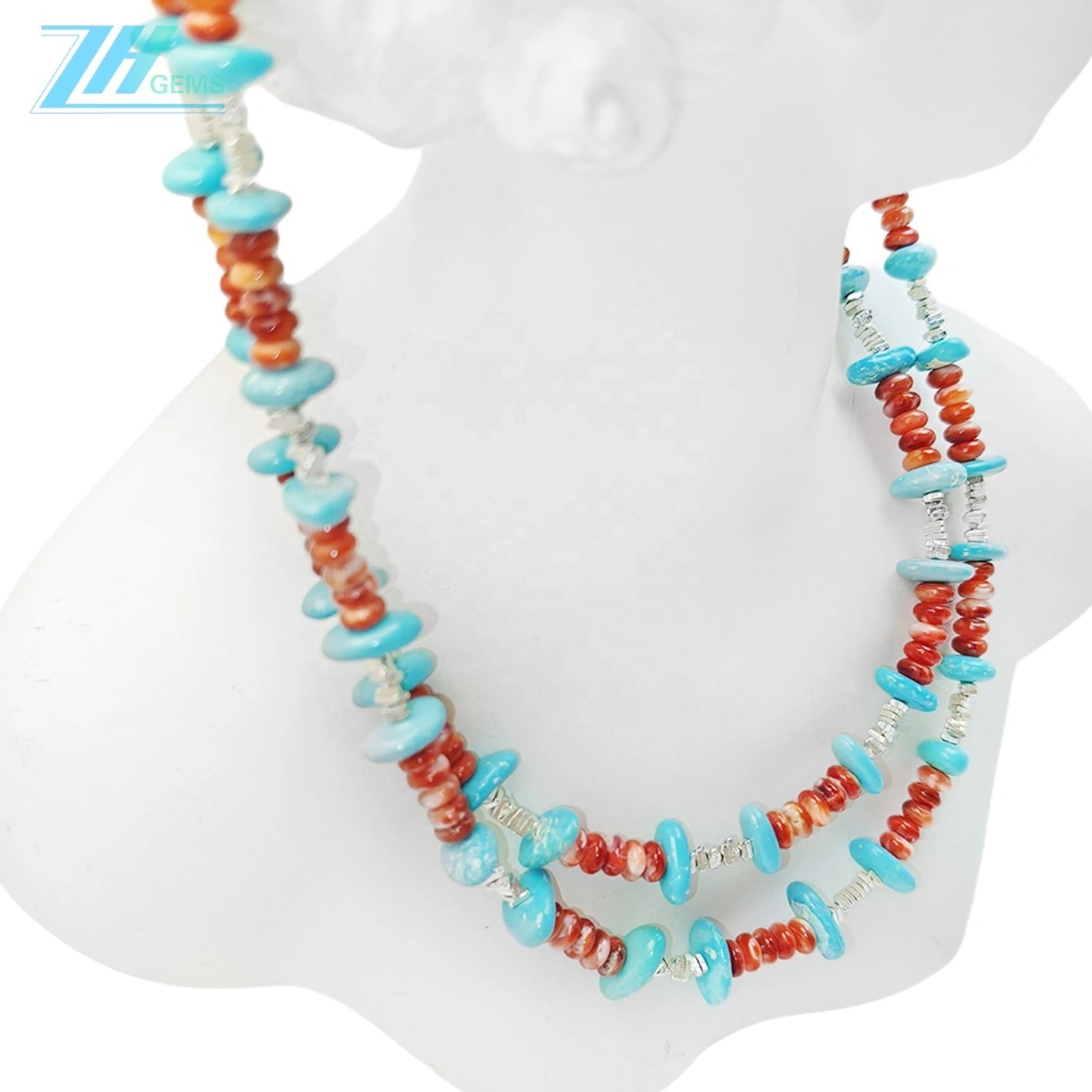 Double Natural Red Spiny Oyster Turquoise Premium Women's Necklace Necklace With Delicate S925 Silver And Natural