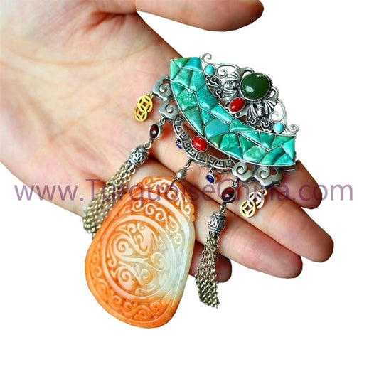 HuangLong Jade Carved Dragon and Cloud Antique Tibet Ornament With Turquoise Pendant