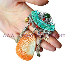 HuangLong Jade Carved Dragon and Cloud Antique Tibet Ornament With Turquoise Pendant