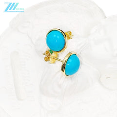 14k Gold Natural Sterling Turquoise Earrings Sleeping Beauty Mine Exquisite Jewelry Female Earrings Round Cab Beauty