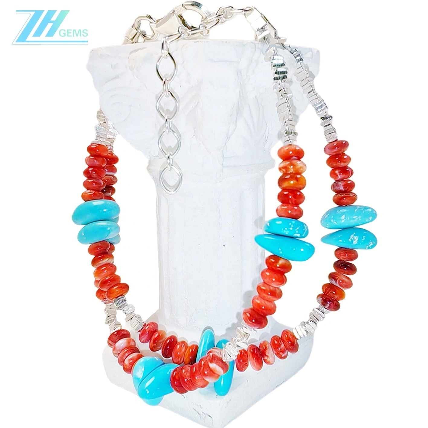 Beautiful Natural Winter Turquoise Women's Bracelet Natural Rare Red Spiny Oyster & Turquoise Beautiful Silver