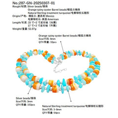 The Double Layer Design Combines Natural Sterling Treatment Turquoise With S925 Silver Beads With Orange Spiny Oyster Dotted
