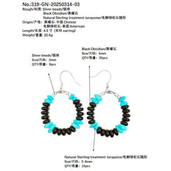 Natural Obsidian and natural Sterling treatment Turquoise form gemstone earrings They are small and delicate adding a mysterious and unique color to the ears