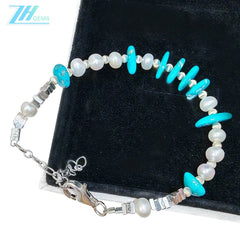 S925 Silver & Natural Turquoise With Pearls High Quality Understated Luxury Niche Style Multi Stone Beaded Bracelet Hot Sellers