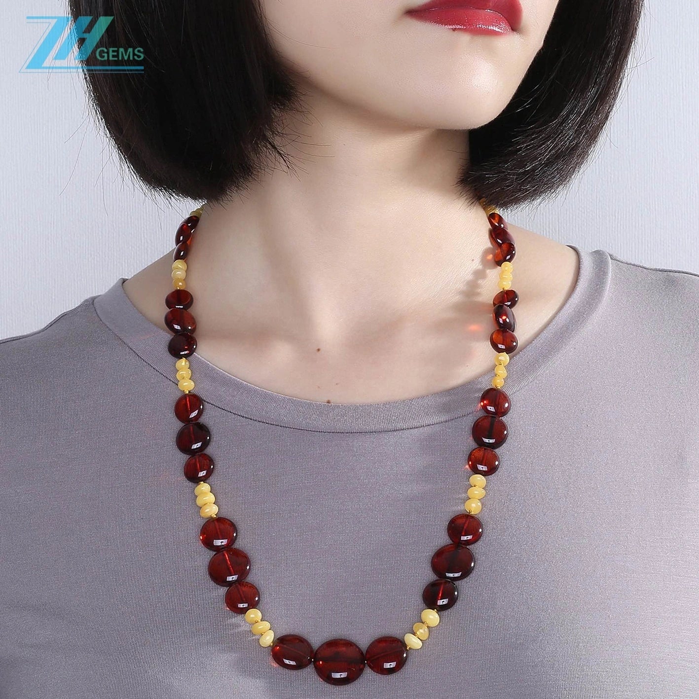 Amber With Red Plated Sterling Silver Burgundy Free-shape Brown Necklace Modern Amber Jewellery Set Gift For Women Necklace