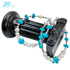Winter Holiday Gift Double Layer Pearl With Natural Sterling Treatment Turquoise Shape Bracelet S925 Silver