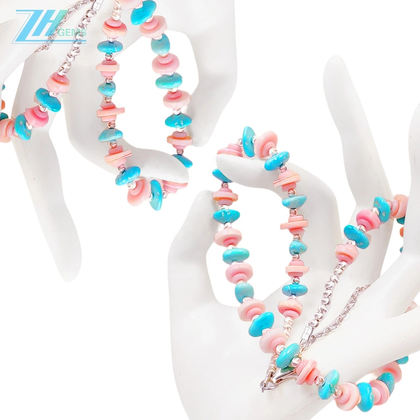 Natural Sterling Treatment Turquoise And Natural Jewelry Pink Opal Delicate Necklace Pink Blue Colour