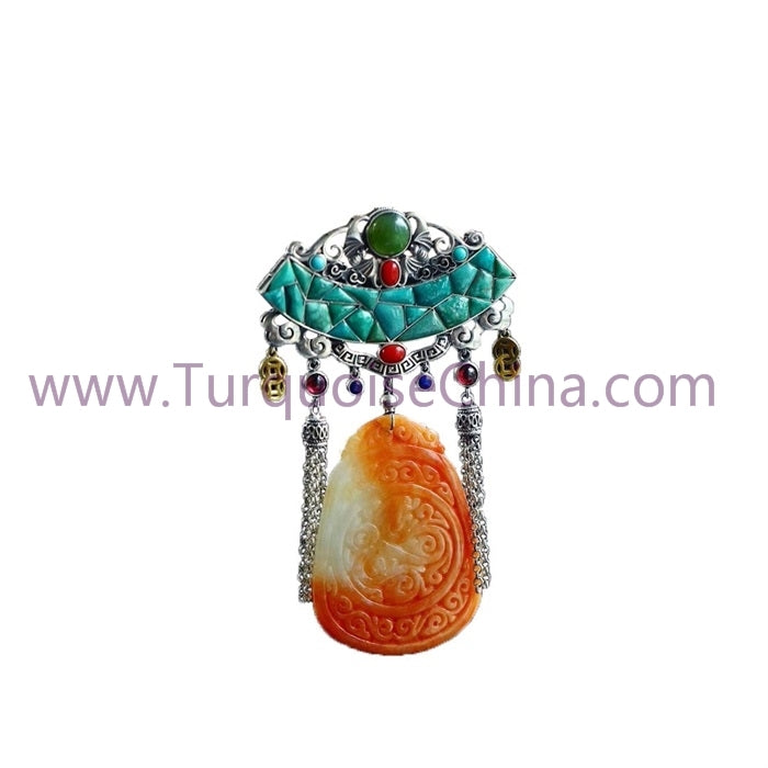 HuangLong Jade Carved Dragon and Cloud Antique Tibet Ornament With Turquoise Pendant