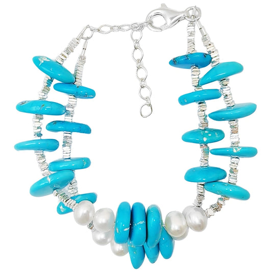 Goddess's Double Layer Natural Turquoise Bracelet For Women Delicate Natural Pearl & Turquoise Beautiful Silver Jewelry
