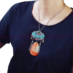 HuangLong Jade Carved Dragon and Cloud Antique Tibet Ornament With Turquoise Pendant