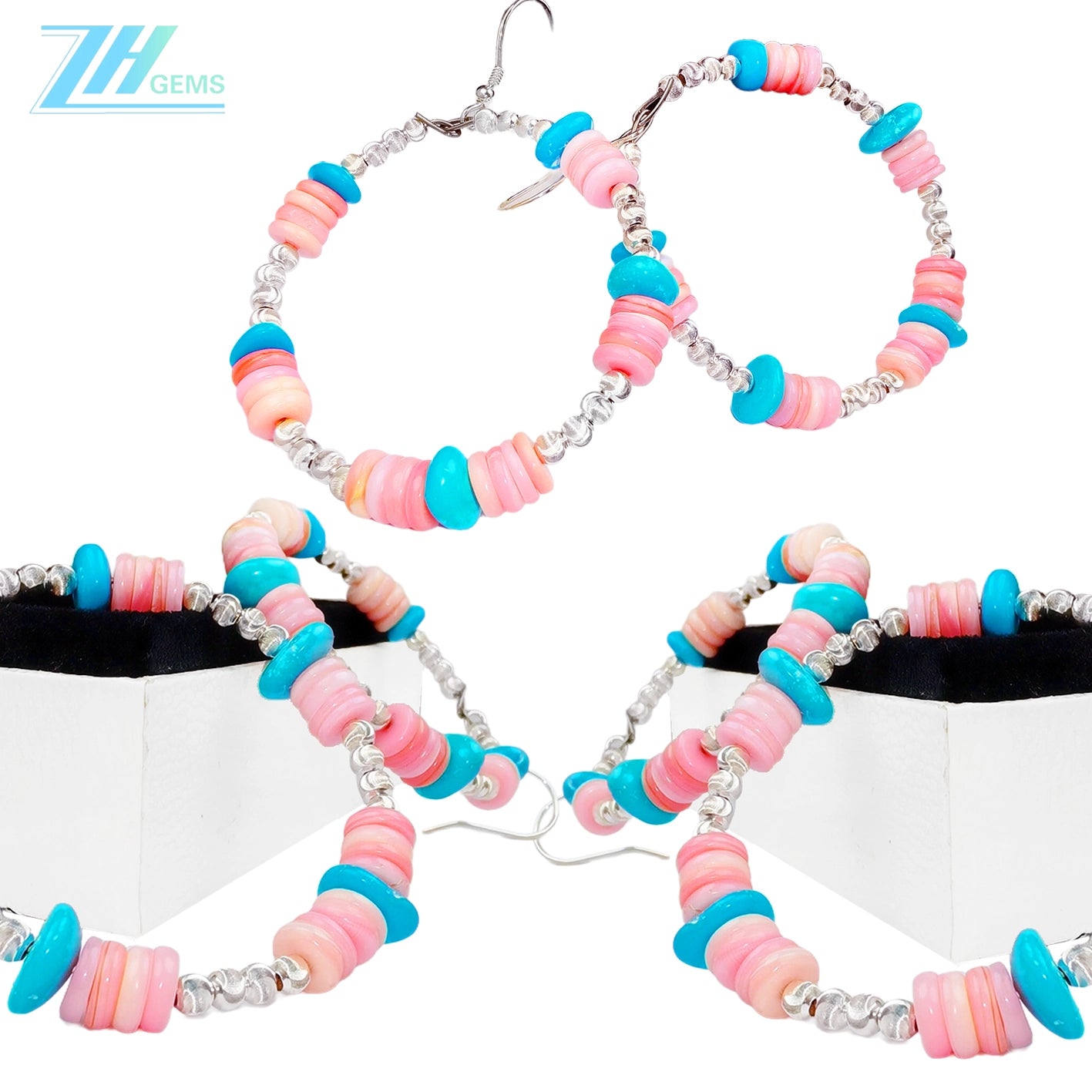 High Quality Turquoise Earrings Natural Turquoise High Porcelain And Pink Opal Abacus Beads Silver Beads,Silver Jewelry