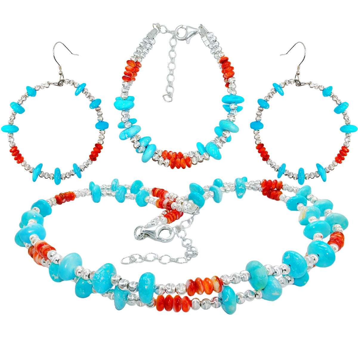 Turquoise Jewelry Set With Delicate Red Spiny Oyster Conformal Turquoise Combo Set Bracelet Necklace