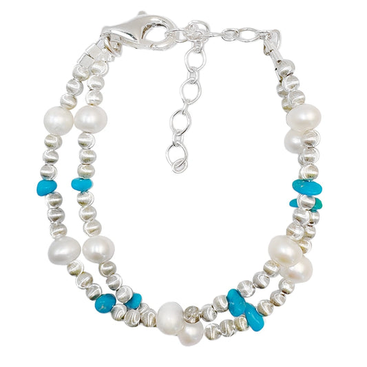 Double S925 Silver Bracelet Pearl Bracelet Natural Turquoise High Quality Pearl Baroque Luxury Style Hot Sale