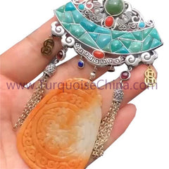 HuangLong Jade Carved Dragon and Cloud Antique Tibet Ornament With Turquoise Pendant