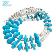Natural Double Turquoise Necklace Delicate Natural Pearls & Turquoise Beautiful Silver Jewelry Winter Gifts