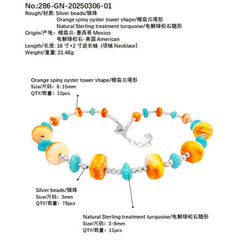 Necklace Features S925 Silver Beads Strung With Natural Sterling Treatment Turquoise And Accented With Orange Spiny Oyster