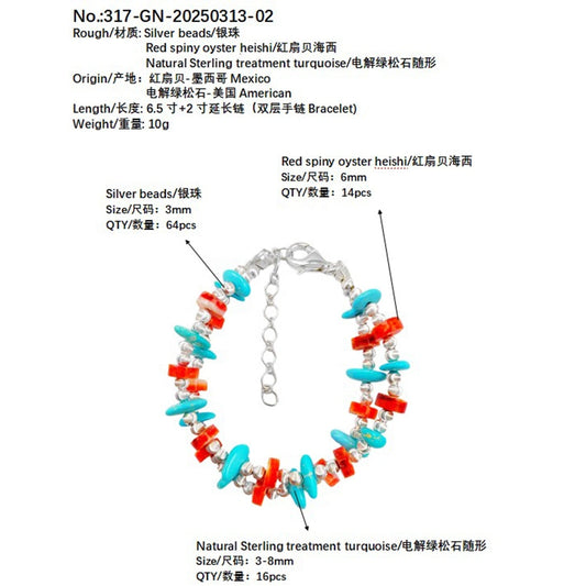 Natural Red Spiny Oyster And Sterling Treatment Turquoise Meet On The Double Layer Bracelet Interweaving A Mysterious