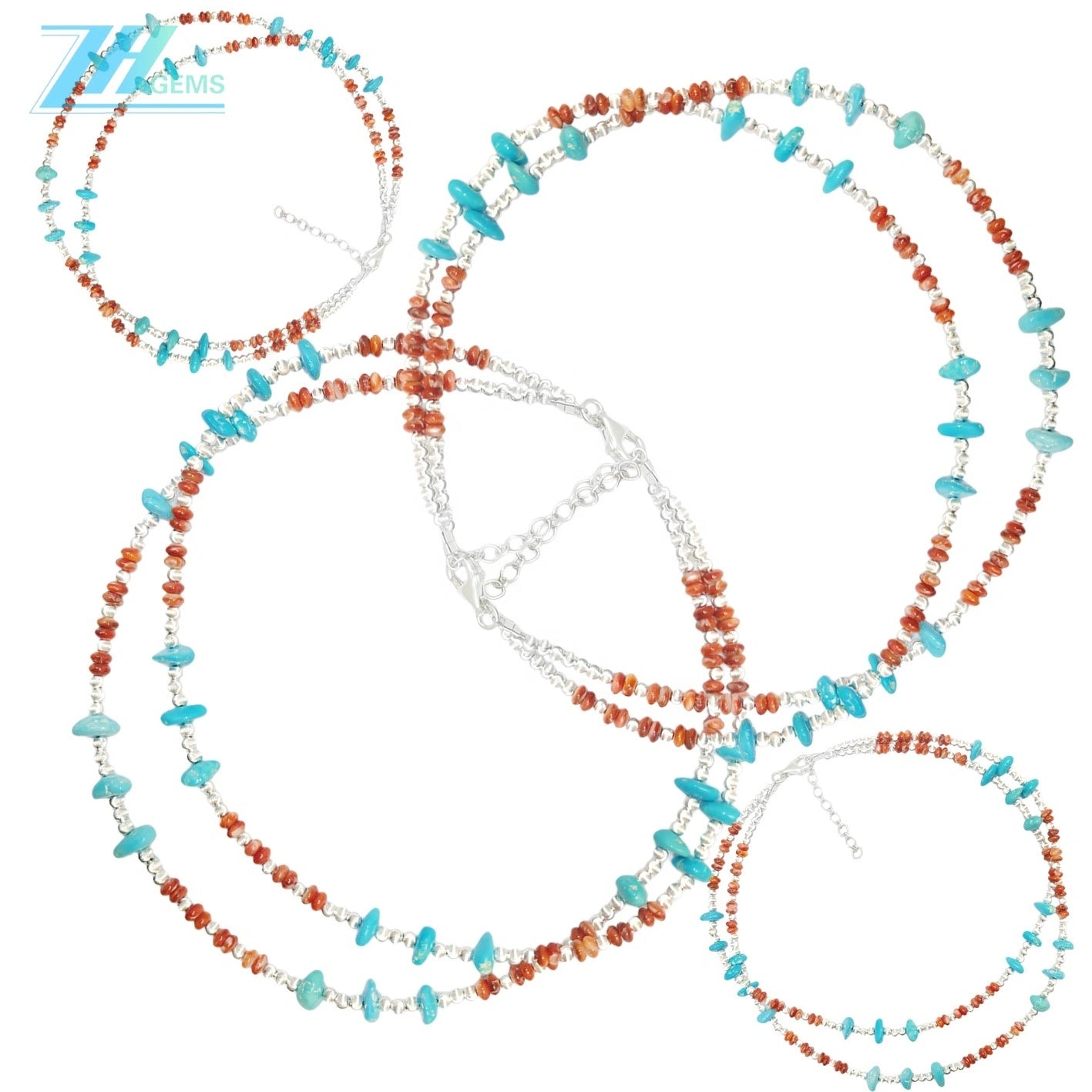 Natural Red Spiny Oyster & Turquoise Premium Women's Double Necklace With Delicate S925 Silver & Natural