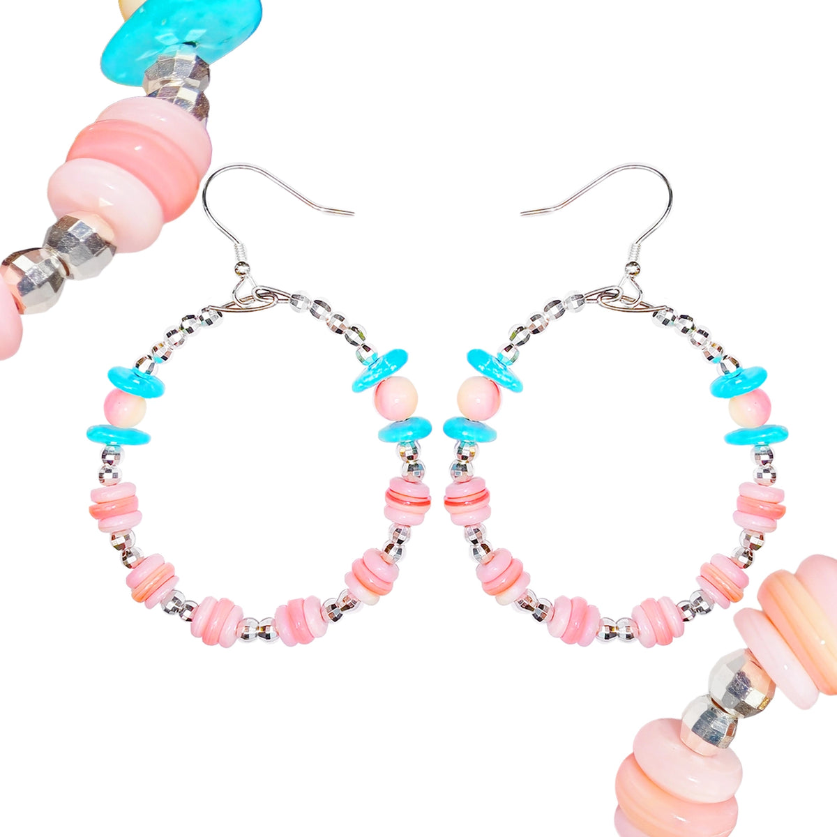 Classic Authentic High Quality Turquoise Earrings With Natural Pink Opal,Jewelry Original Design For Women's Jewelry