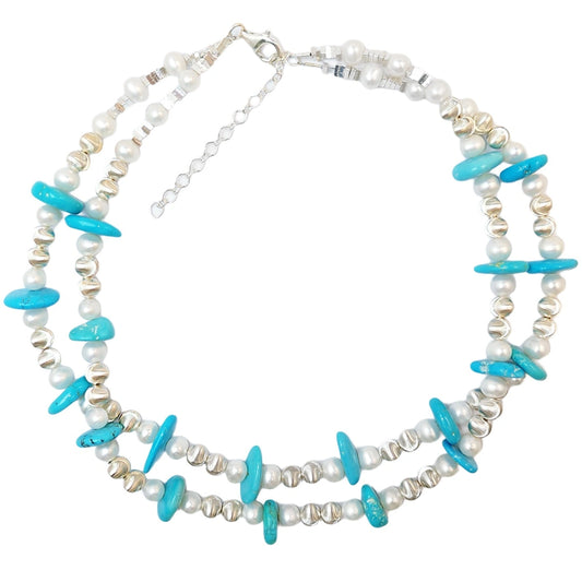 Natural Pearl & Turquoise Premium Women's Double Necklace With Delicate Gemstones Beautiful Jewelry Necklace Winter Gift