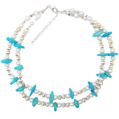 Natural Pearl & Turquoise Premium Women's Double Necklace With Delicate Gemstones Beautiful Jewelry Necklace Winter Gift