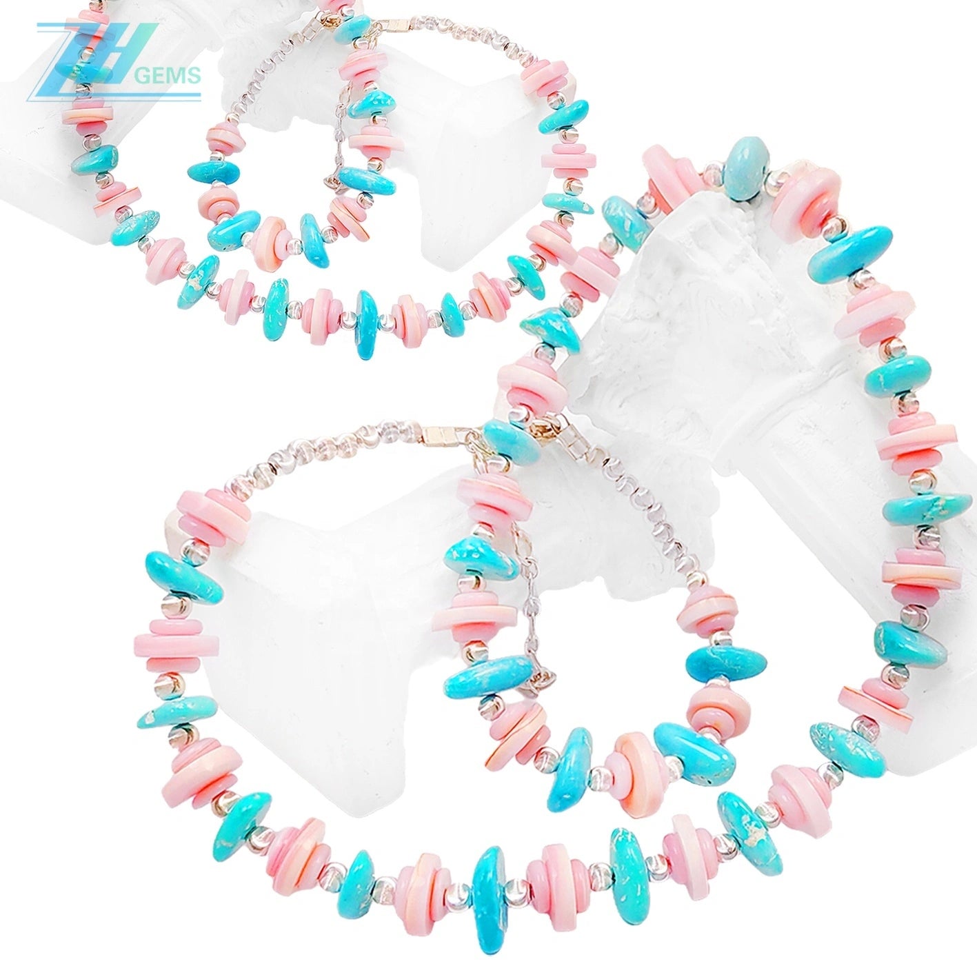 Natural Sterling Treatment Turquoise And Natural Jewelry Pink Opal Delicate Necklace Pink Blue Colour