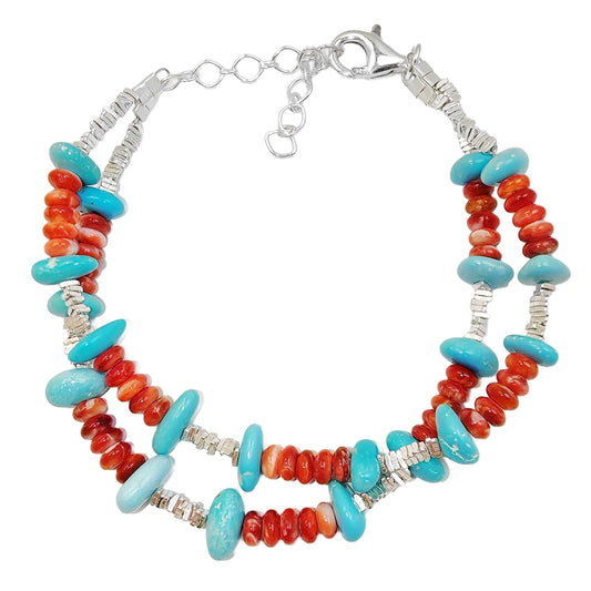 Natural Turquoise And Red Spiny Oyster Layer Bracelet With S925 Silver Exquisite Bracelet Fine Jewellery