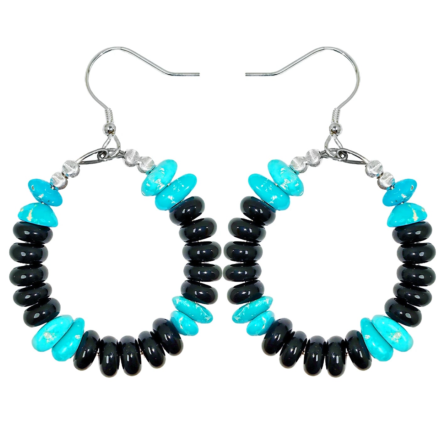 Natural Obsidian and natural Sterling treatment Turquoise form gemstone earrings They are small and delicate adding a mysterious and unique color to the ears